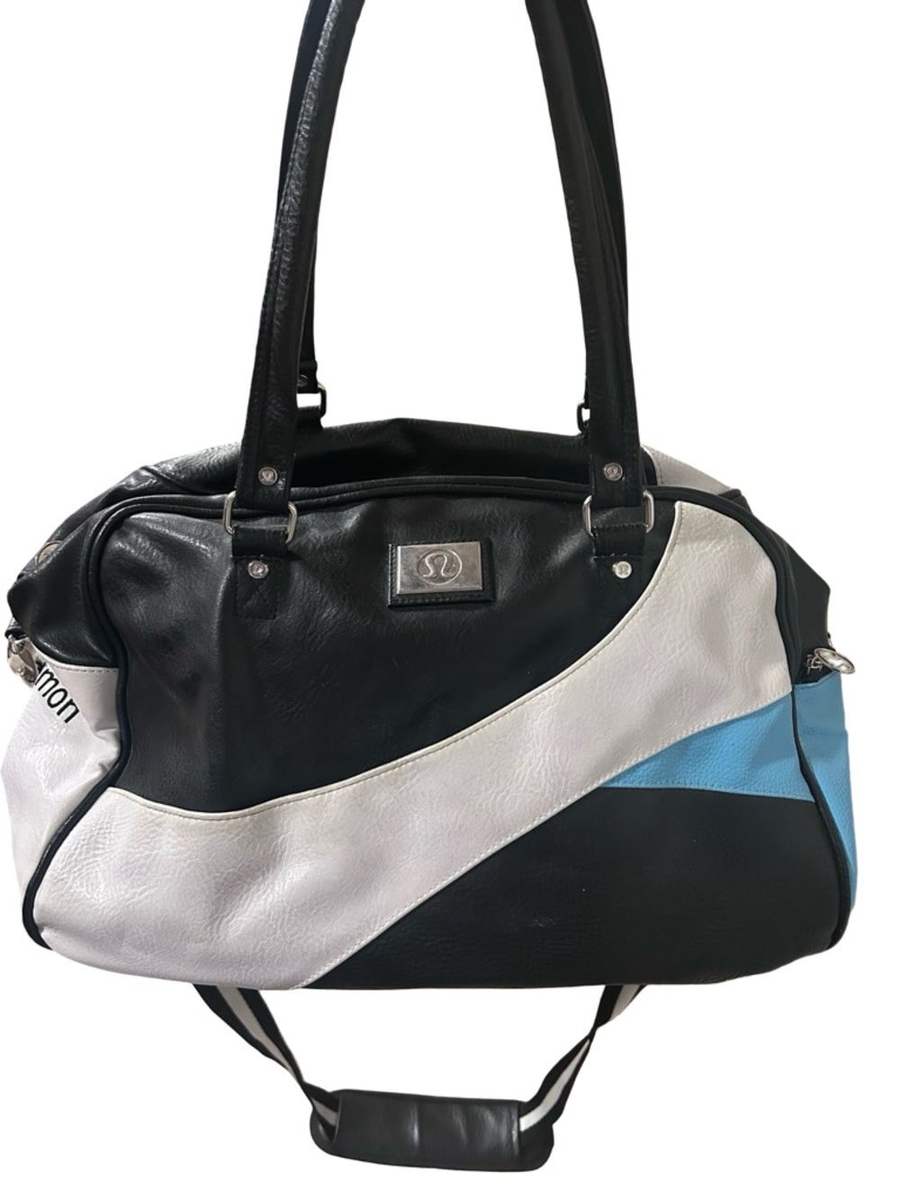 Lululemon Women's Black White and Light Blue Pebbled Leather Shoulder Bag